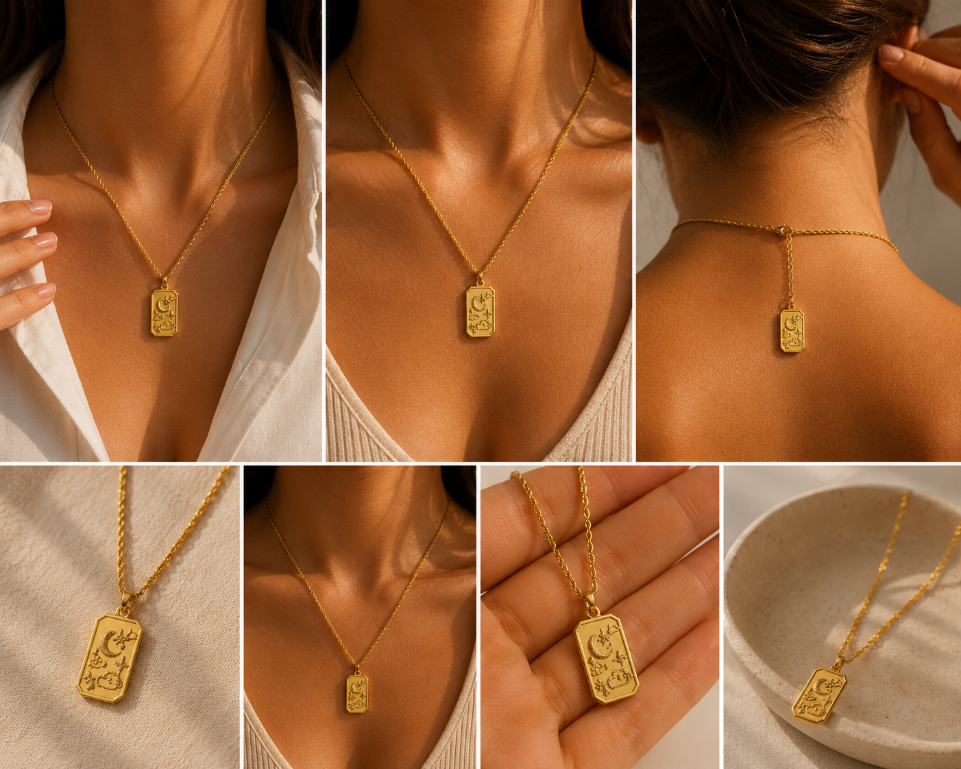 Collier doré avec pendentif céléste, bijou en acier inoxydable