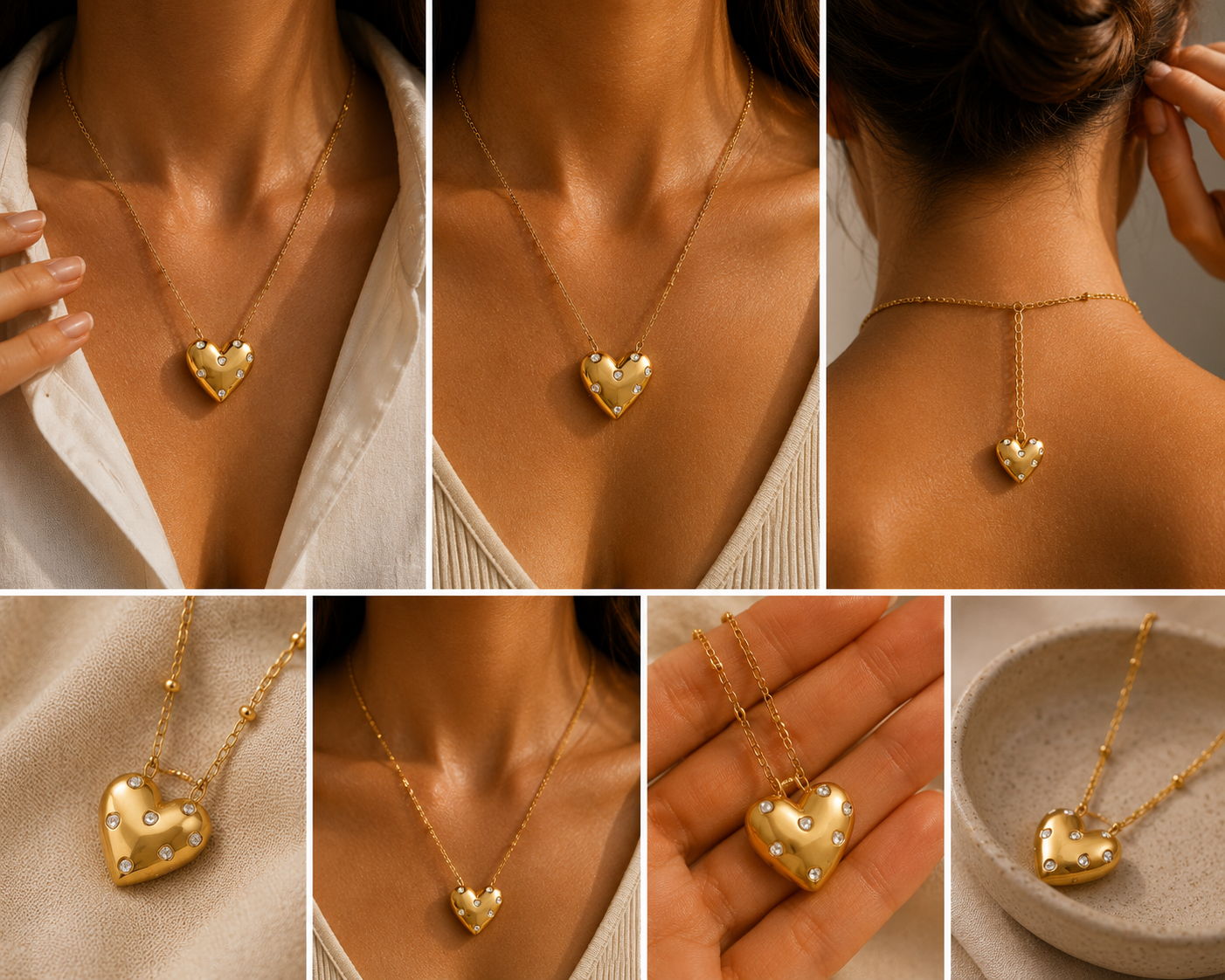 Collier doré avec pendentif coeur entier, bijou en acier inoxydable