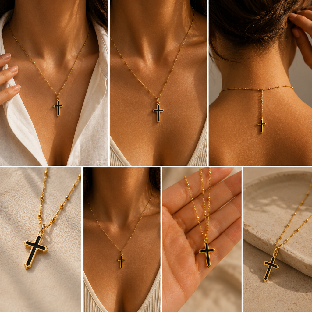 Collier doré avec pendentif croix, bijou en acier inoxydable
